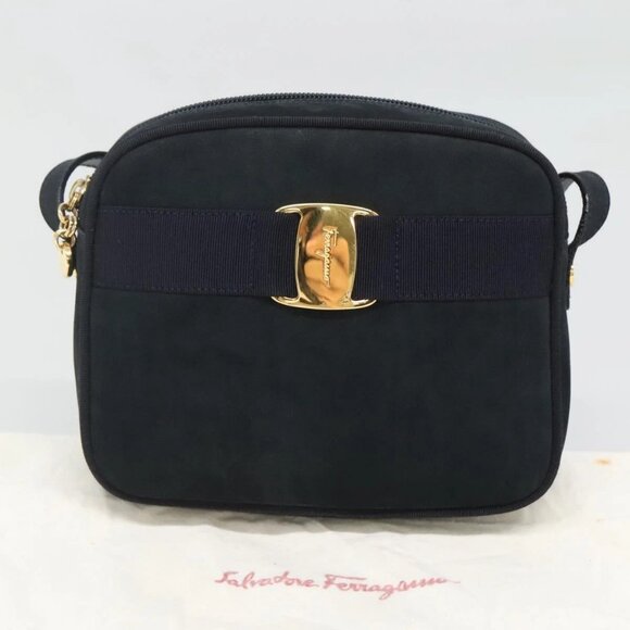 Salvatore Ferragamo Vala Shoulder Bag Suede Navy Gold Auth - Picture 2 of 16